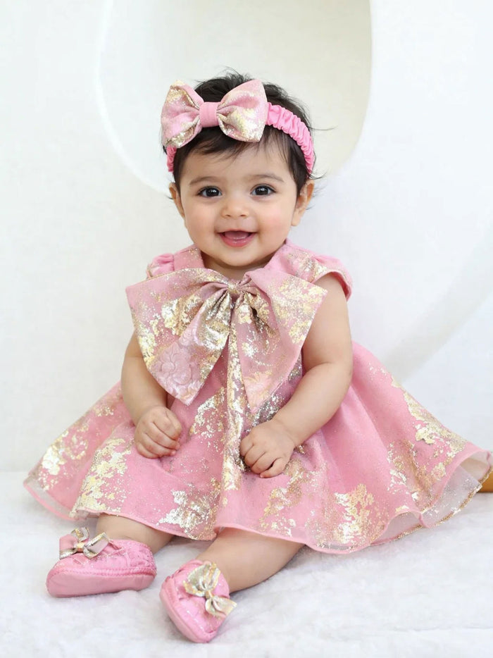 Sale New Born Pink Foil Organza Bow Dress without hair accessory & booties