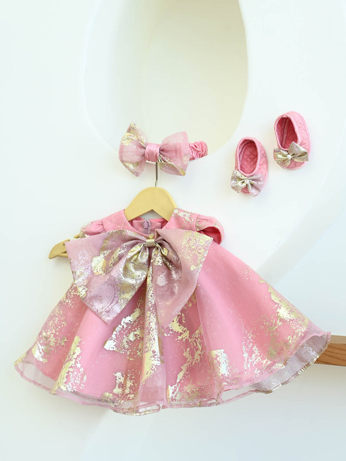 Sale New Born Pink Foil Organza Bow Dress without hair accessory & booties