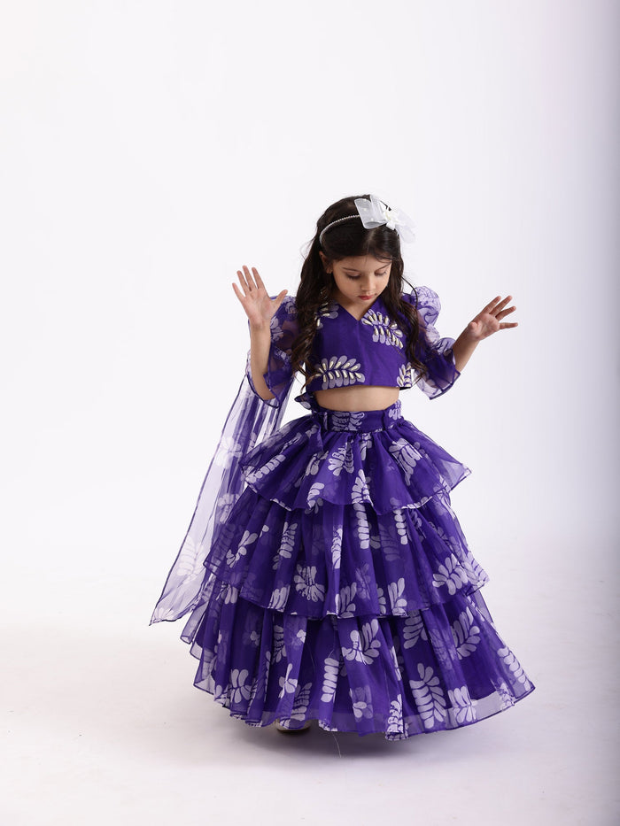 Sale Purple Blue Printed Lehenga Skirt with Top Blouse Co- Ord Set