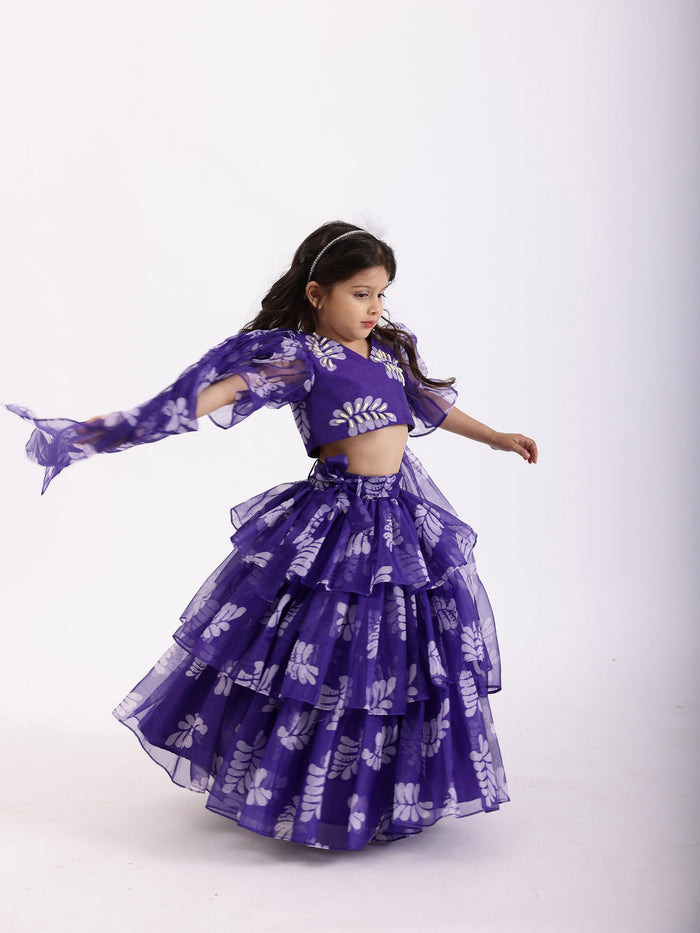 Sale Purple Blue Printed Lehenga Skirt with Top Blouse Co- Ord Set