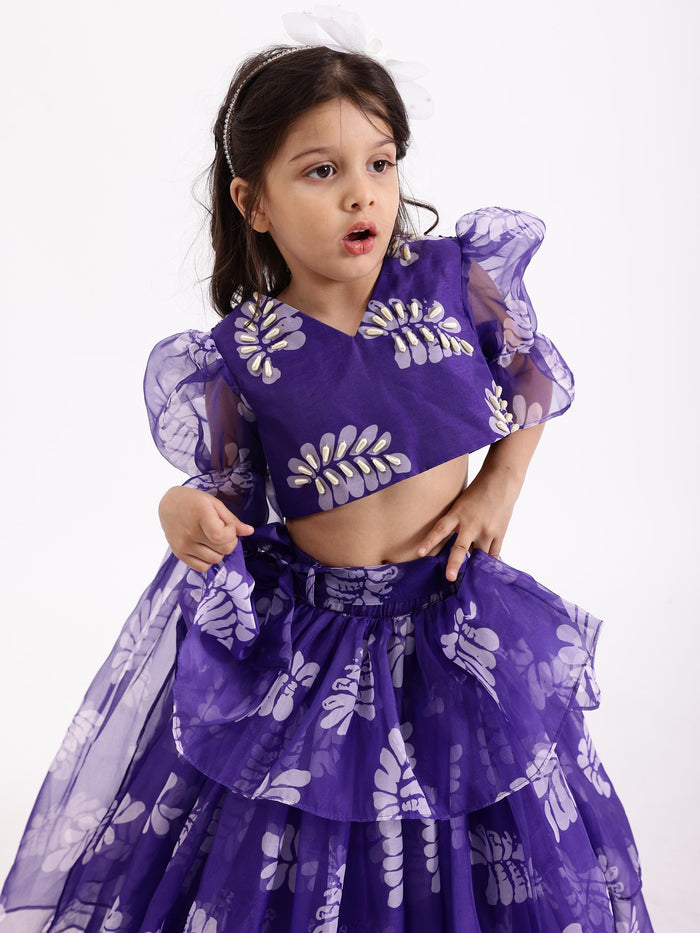 Sale Purple Blue Printed Lehenga Skirt with Top Blouse Co- Ord Set