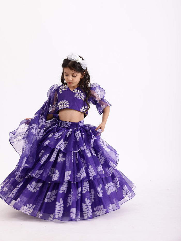 Sale Purple Blue Printed Lehenga Skirt with Top Blouse Co- Ord Set
