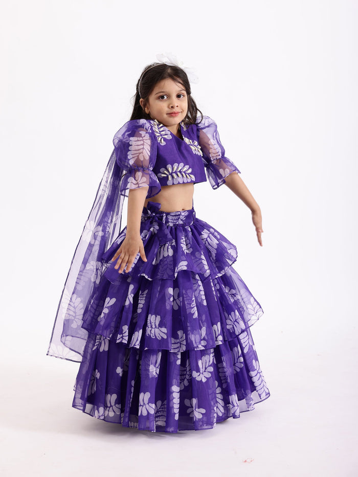 Sale Purple Blue Printed Lehenga Skirt with Top Blouse Co- Ord Set