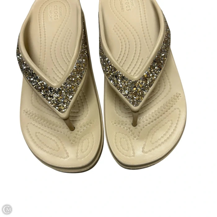 Sandals Heels Wedge By Crocs In Gold & Tan, Size: 7