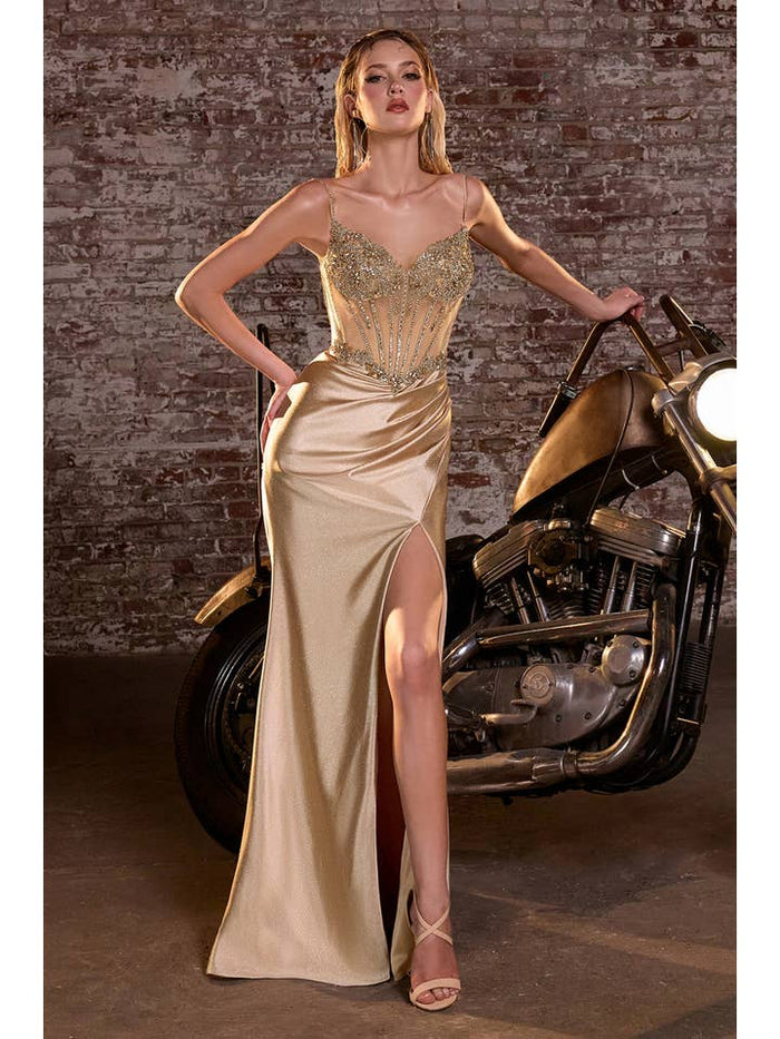 {WHOLESALE SATIN FITTED PROM DRESS WITH BEADED BODICE} - {} at {Linda Mariposa}