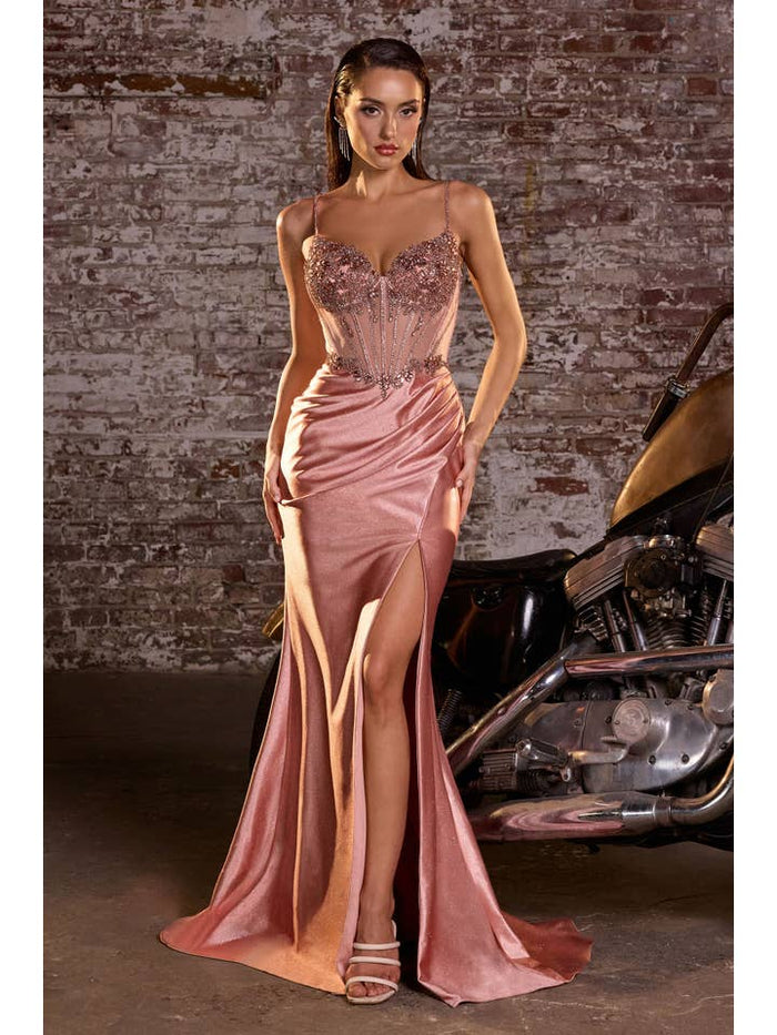 {WHOLESALE SATIN FITTED PROM DRESS WITH BEADED BODICE} - {} at {Linda Mariposa}