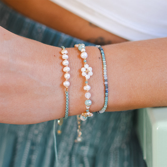 Seafoam Mermaids Pearl Bracelet, layered on wrist