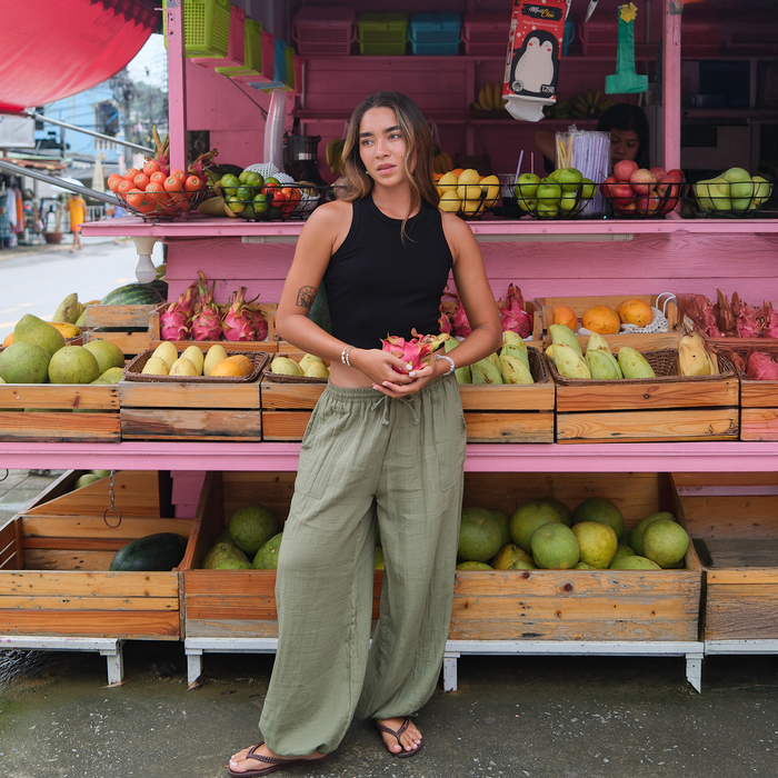 Seagrass Adventure Cargo Pants, worn at fruit stand