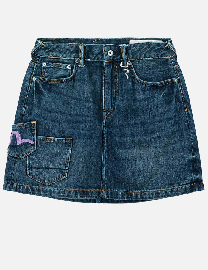 Seagull Print Multi-Pocket Denim Skirt