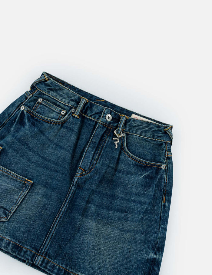 Seagull Print Multi-Pocket Denim Skirt