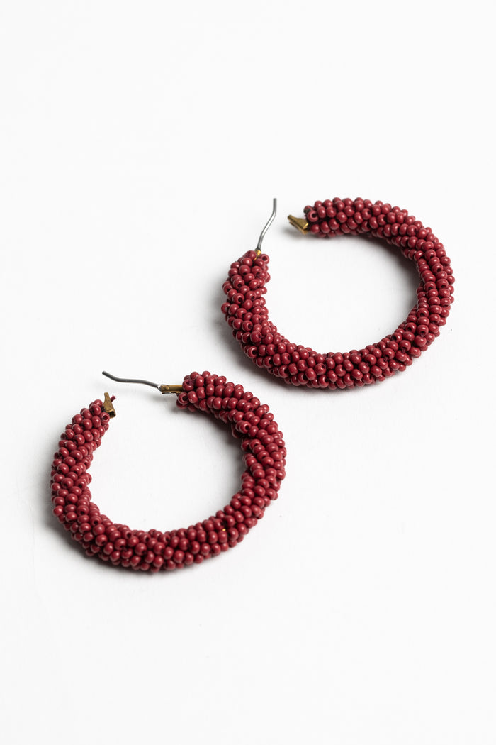 red seed beaded hoop earrings colorful statement hoops