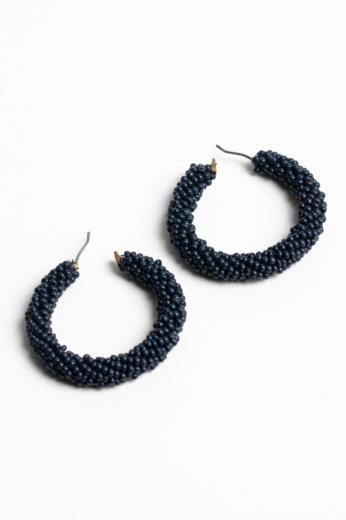navy seed beaded hoop earrings lightweight boho jewelry