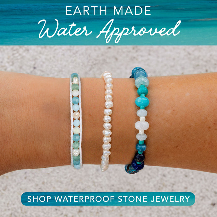 Self Love 4mm Healing Bracelet, stacked on wrist with banner
