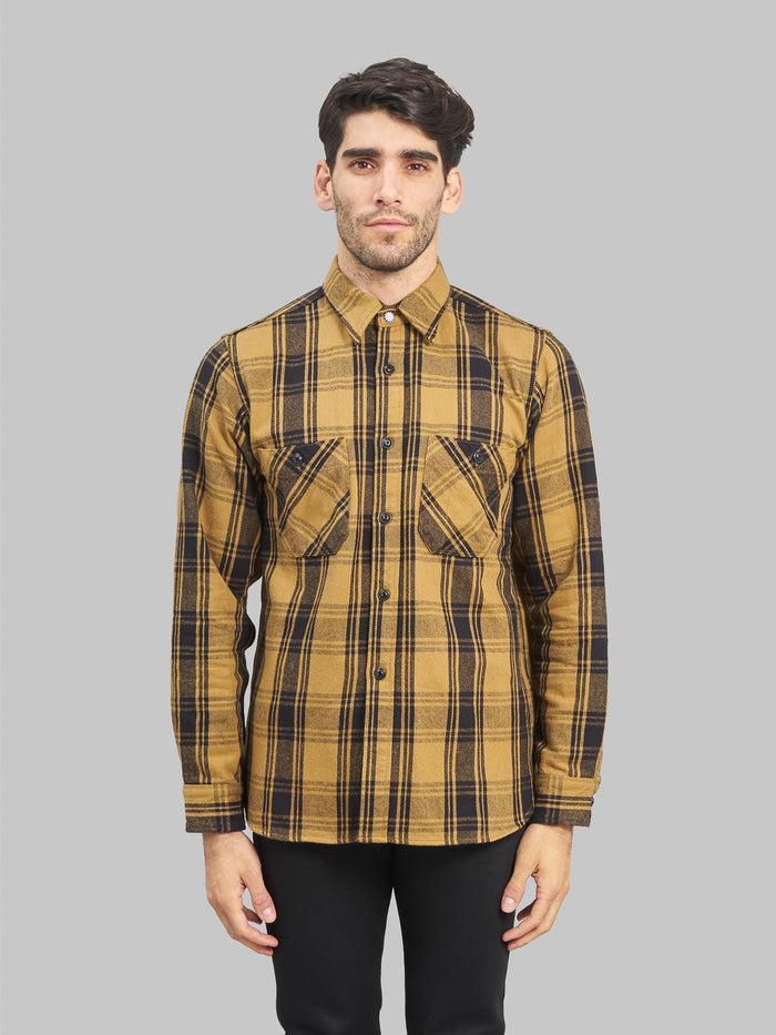 seuvas twill flannel workshirt mustard model front fit