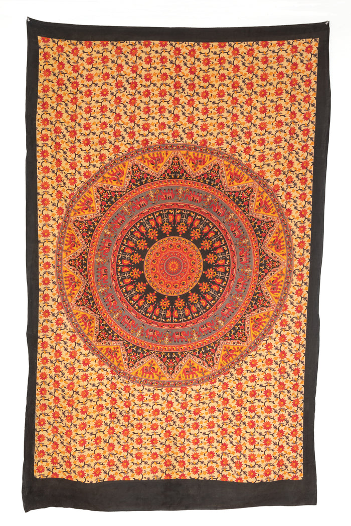 shanti elephant tapestry with mandala pattern and decorative elephant motifs