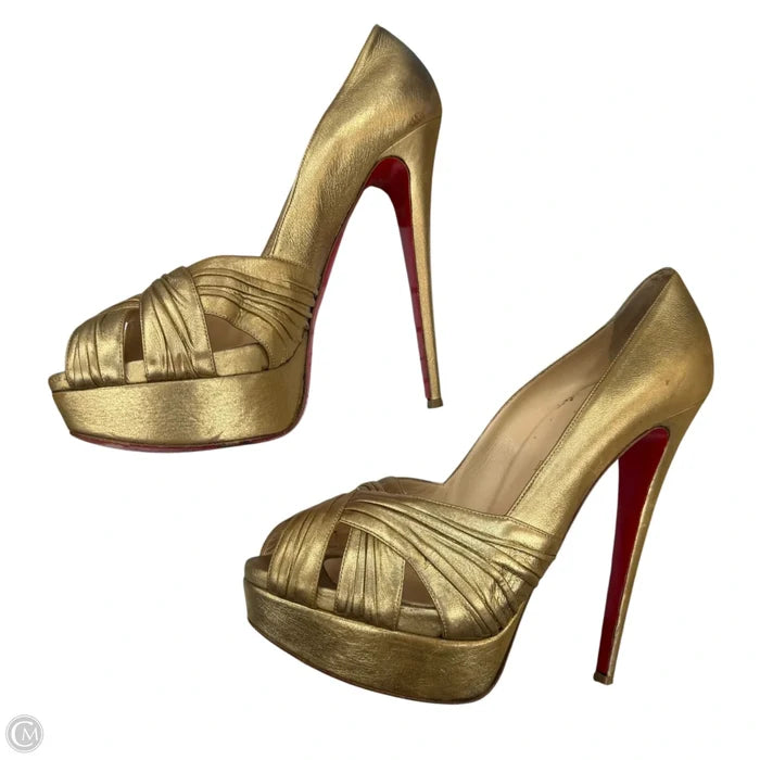 Shoes Luxury Designer By Christian Louboutin In Gold, Size: 10.5