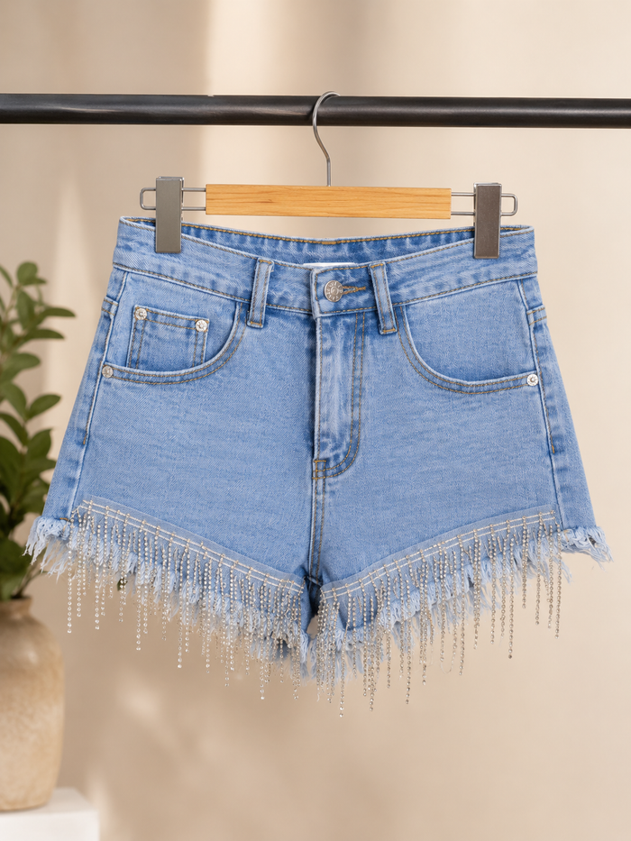 Skinny-Fit Diamond Fringe Denim Shorts