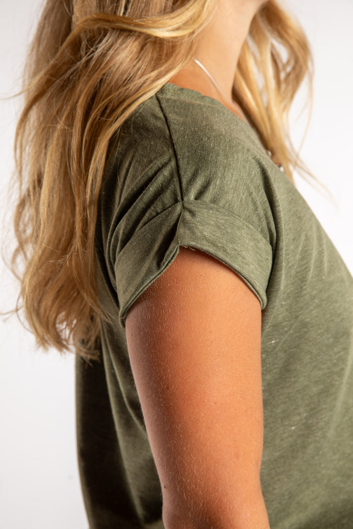Sophie is wearing size S/M Casual Basic Tee in Green Sage