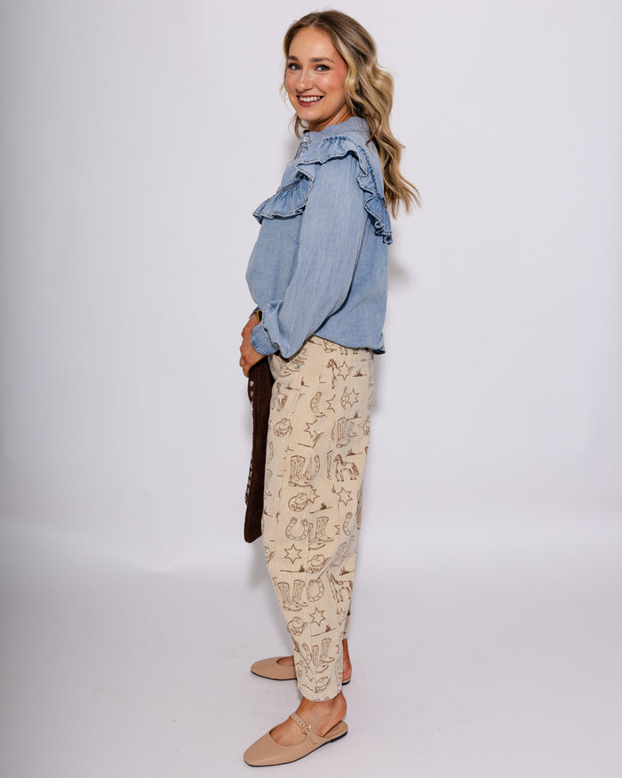 Snow Washed Denim Ruffle Top