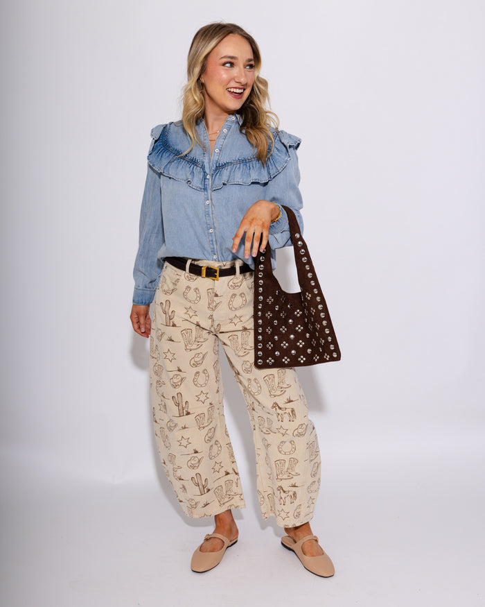 Snow Washed Denim Ruffle Top