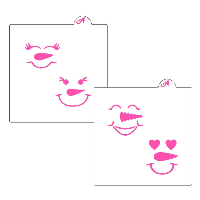 Snowman Faces Cookie Stencil, a 2-piece set featuring four cute snowmen faces to decorate winter cookies.