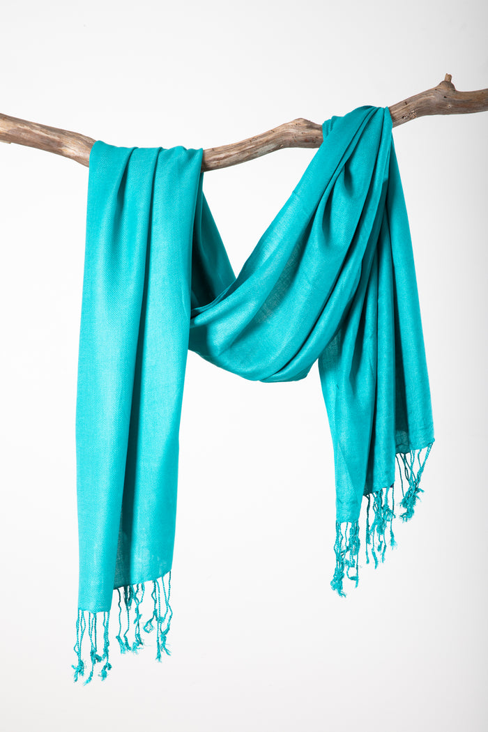 teal lightweight viscose shawl with fringe edges