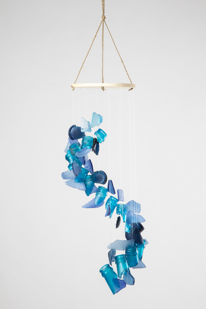 Spiral sea glass wind chime in blue