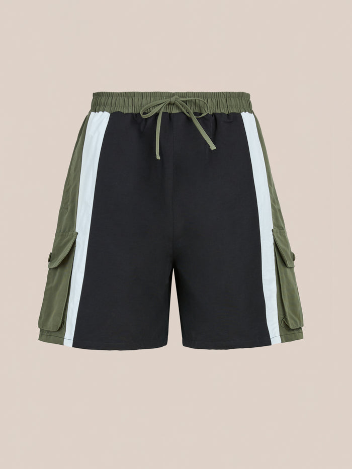 Found Sporting Club Track Shorts for men with black, white, and olive green panels, elastic drawstring waist, and dual cargo pockets, shown on a plain background.