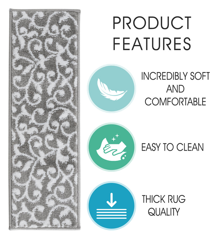 Stair Treads Rug 9"x28" Leaves Collection | Gray & White