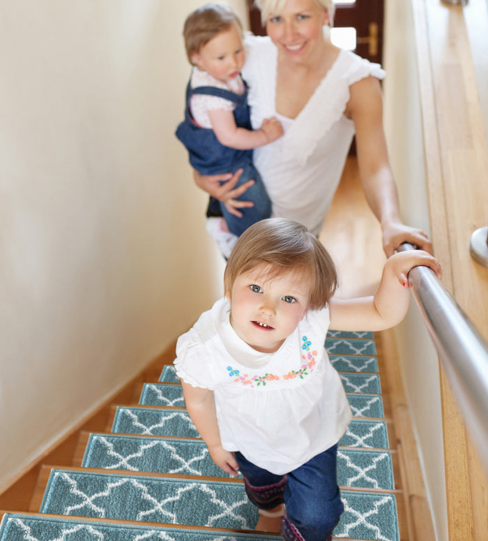 Stair Treads Rug 9"x28" Trellisville Collection | Teal & White