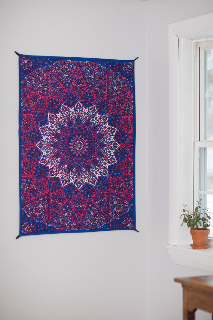 Star Mandala Wall Hanging Tapestry in Pink and Blue