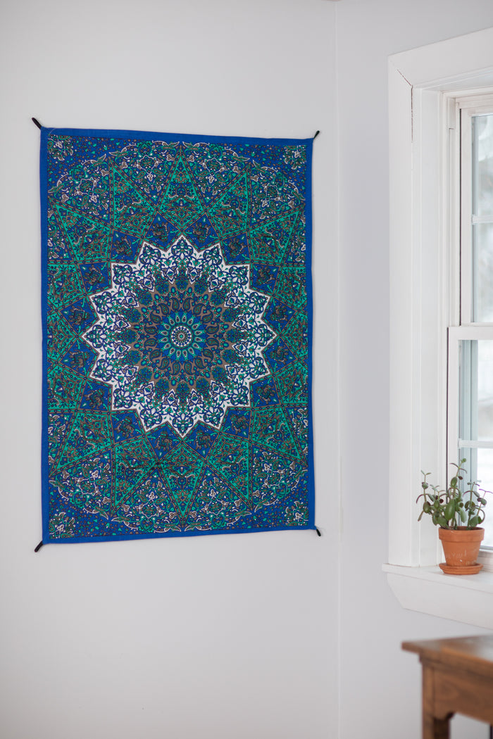 Star Mandala Wall Hanging Tapestry in Blue and Teal