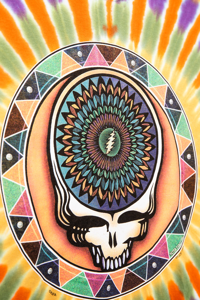 Colorful Grateful Dead tie-dye design with a Steal Your Face and mandala-like pattern