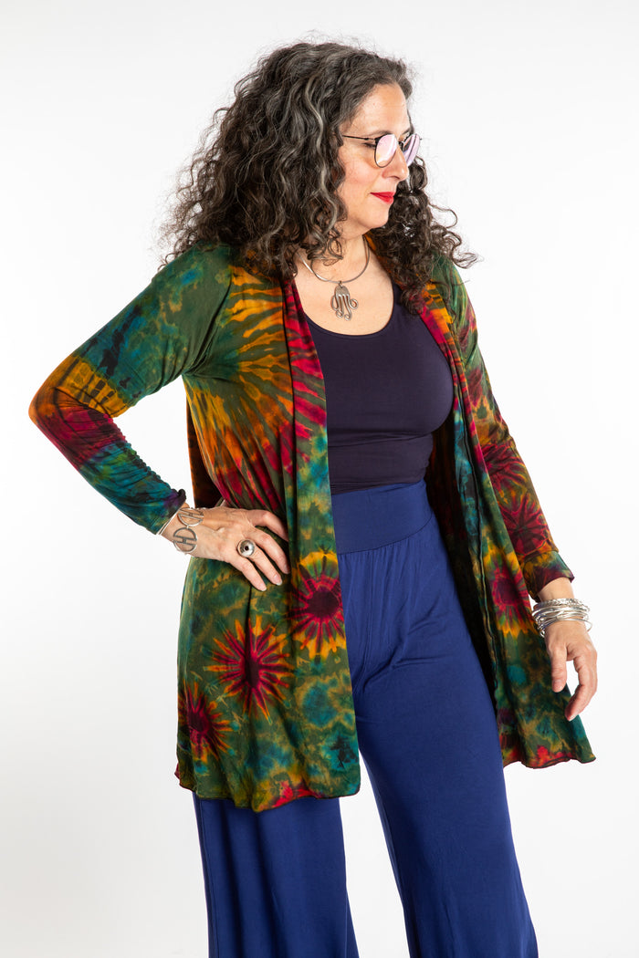 Susan wearing a green mudmee tie dye cardigan