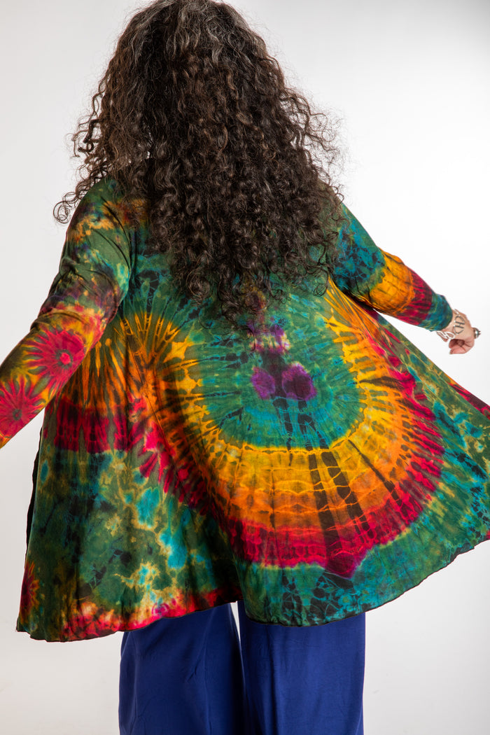 Susan wearing a green mudmee tie dye cardigan