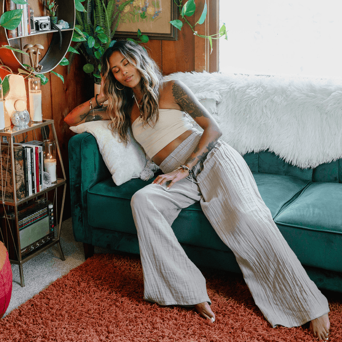 Stone Wide Leg Cotton Pants, worn seated