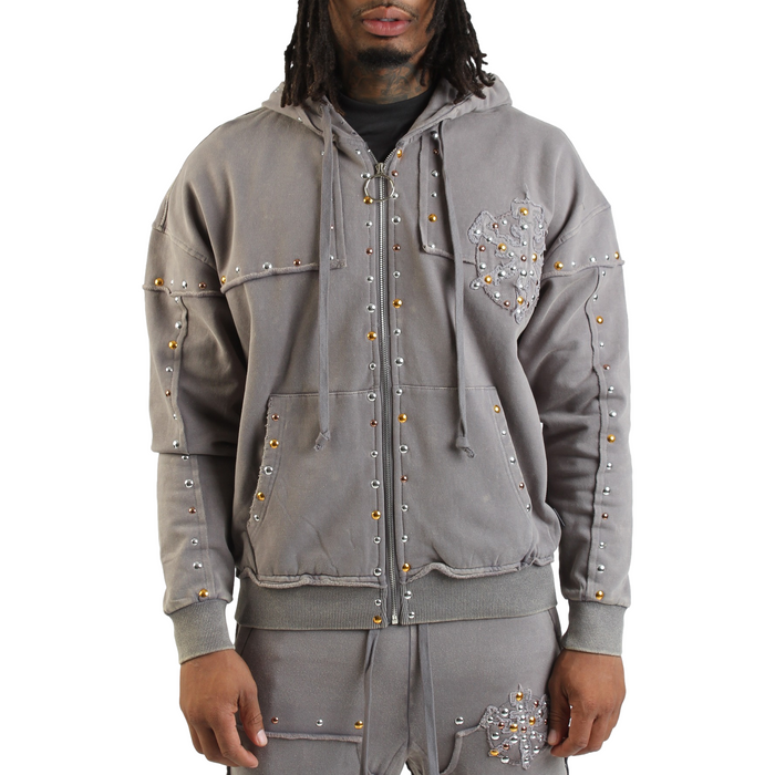 Stones Studs Gray  Full Zip Hoodie