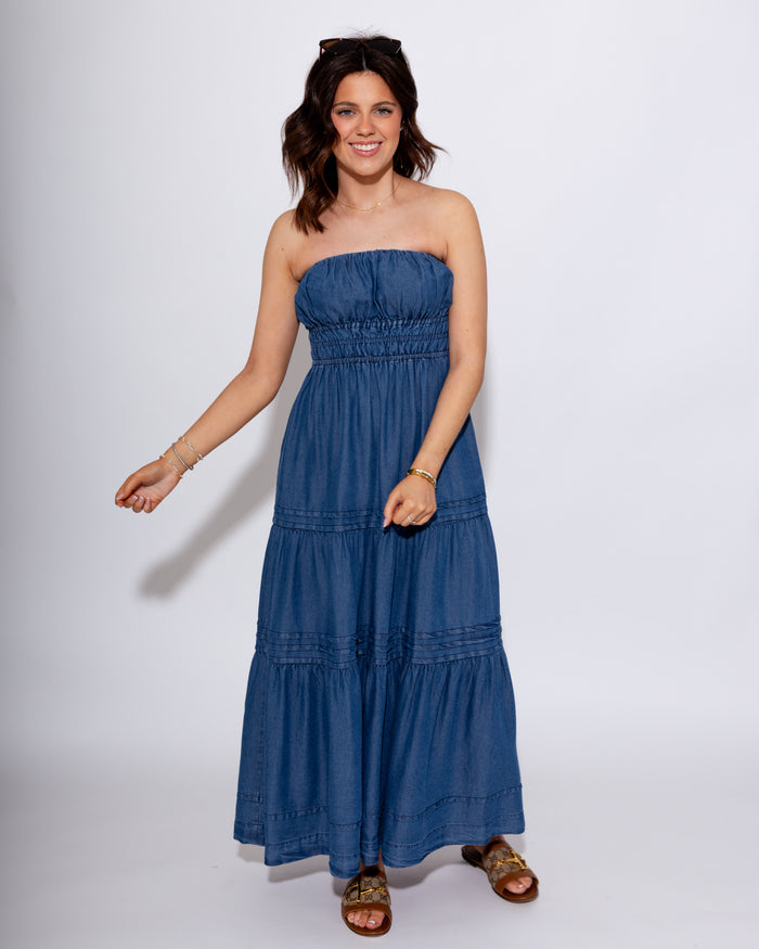 Strapless Denim Midi Dress