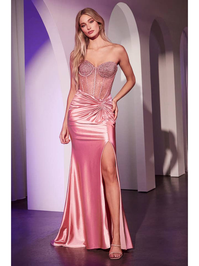 {Strapless Fitted Satin and Hot Stone Embellished Evening Gown} - {} at {Linda Mariposa}