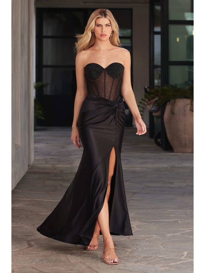 {Strapless Fitted Satin and Hot Stone Embellished Evening Gown} - {} at {Linda Mariposa}
