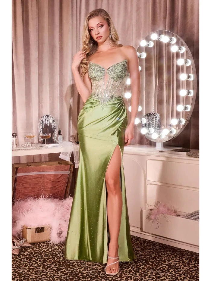 {WHOLESALE STRAPLESS SATIN CRYSTAL GOWN WITH CORSET BODICE AND SLIT} - {} at {Linda Mariposa}