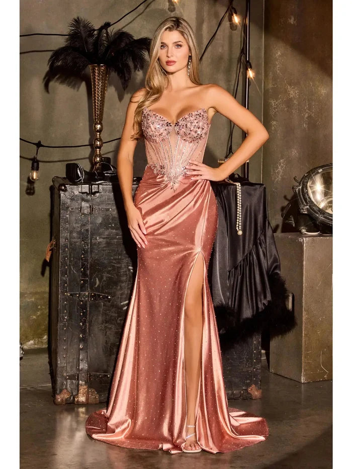 {WHOLESALE STRAPLESS SATIN CRYSTAL GOWN WITH CORSET BODICE AND SLIT} - {} at {Linda Mariposa}