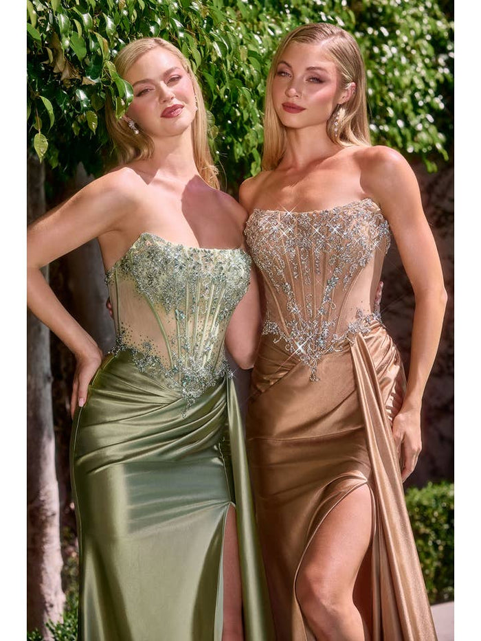 {WHOLESALE STRAPLESS SHEER CORSET FITTED DRESS WITH SLIT & SASH} - {} at {Linda Mariposa}