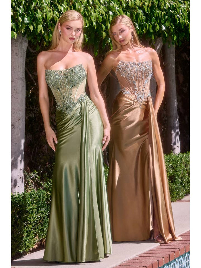 {WHOLESALE STRAPLESS SHEER CORSET FITTED DRESS WITH SLIT & SASH} - {} at {Linda Mariposa}