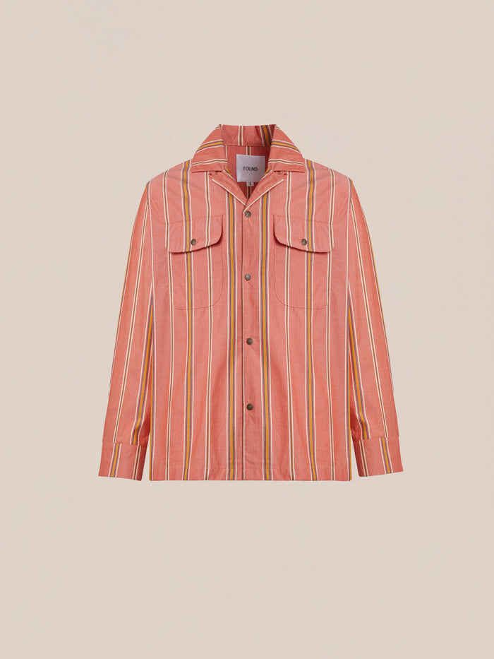 A pink, long-sleeve Stripe Citrus LS Camp shirt with a striped pattern by Found.