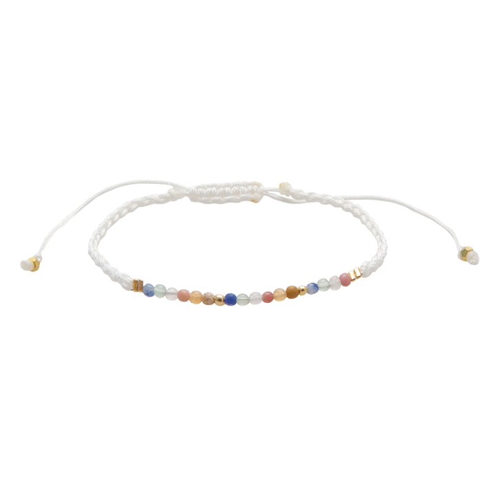 Sukha Namaste Bracelet, flat lay white cord
