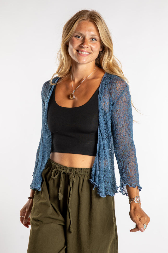 Sophie is wear the Summer Shrug Cardigan in Blue