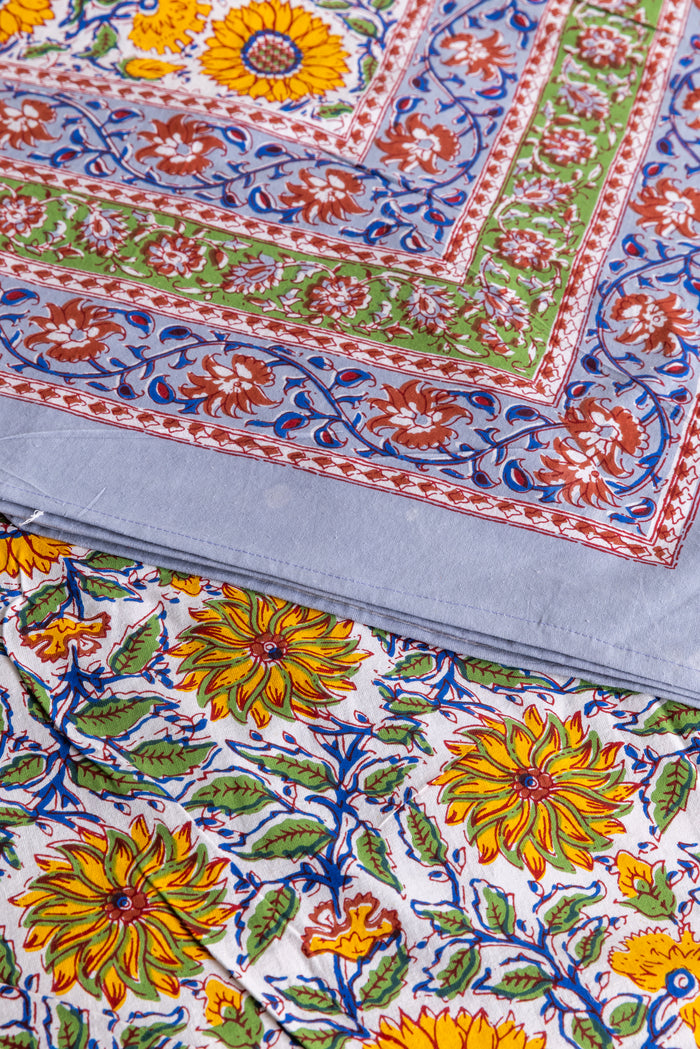 Block Print Floral Tablecloth in Gray Sunflower