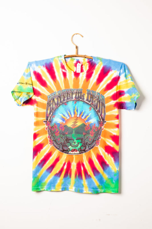 Grateful Dead tie-dye t-shirt with a Steal Your Face graphic design on a white background