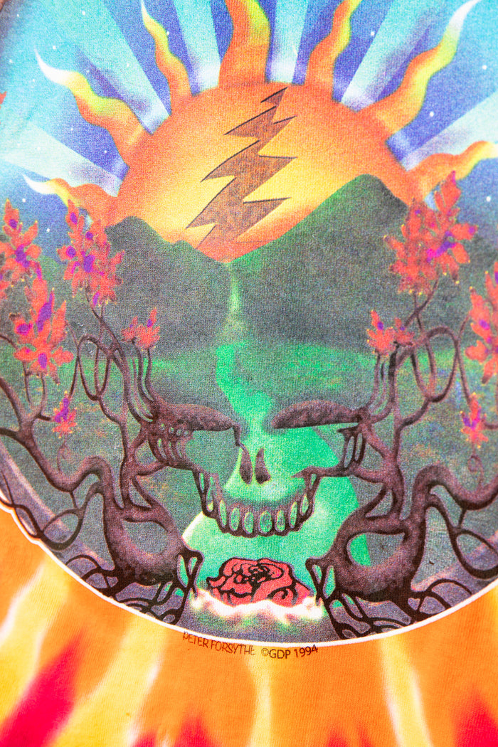 Artistic depiction of a skull with flames and flowers, featuring a prominent lightning bolt.